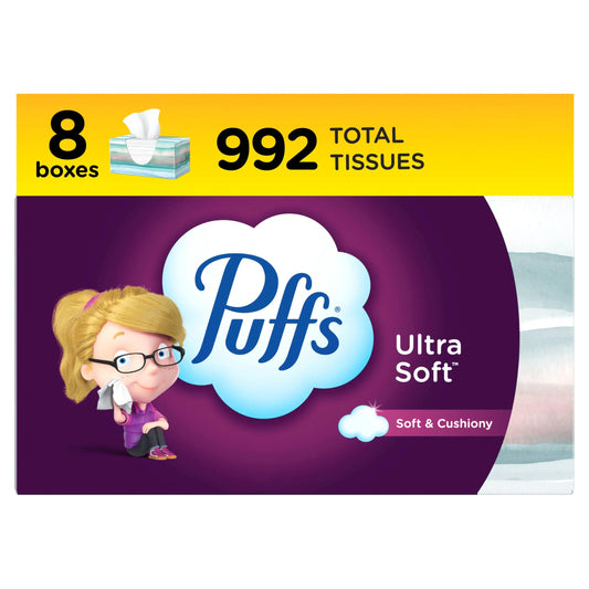 Puffs Ultra Soft Tissue, 8 Family Boxes, 124 per Box (Pack of 8)